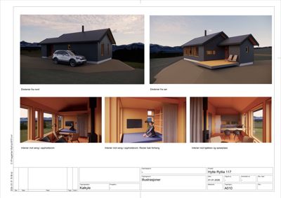 Side med 3D-visualiseringer (renderinger) av en hytte, inkludert eksteriør og interiørutsnitt.