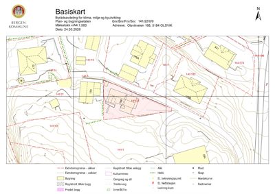 Basiskart (situasjonsplan) som viser eiendomsgrenser, bygninger, høydekurver og infrastruktur for Olsvikveien 168.