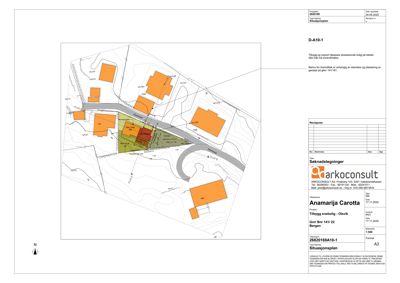 Situasjonsplan som viser tomtens beliggenhet, nabolag, veier og topografi.