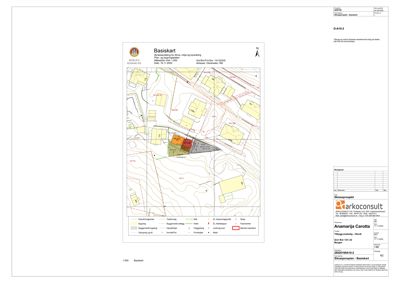 Situasjonsplan (basiskart) som viser tomtens beliggenhet, grenser, eksisterende bygg og topografi.