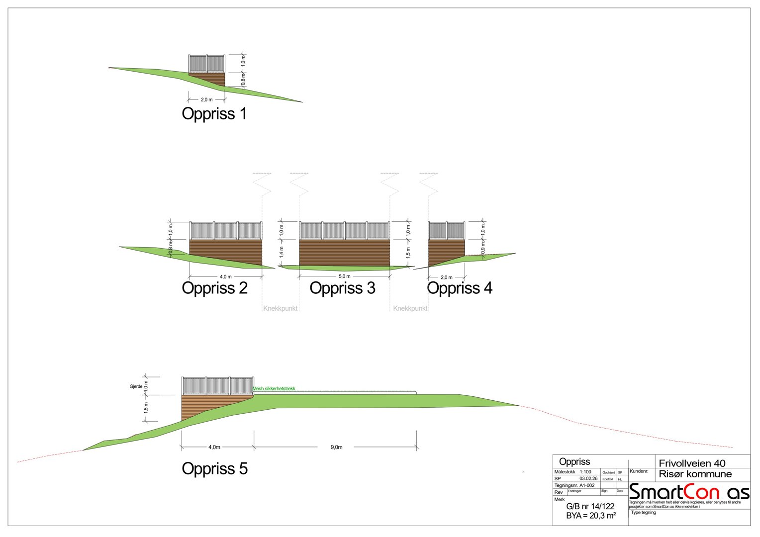 Fasadetegning (oppriss) som viser ulike oppriss av en bygning sett fra siden, med angitte mål og høyder.