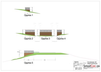 Fasadetegning (oppriss) som viser ulike oppriss av en bygning sett fra siden, med angitte mål og høyder.