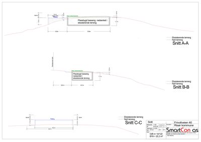 Snittegning (Snitt A-A, B-B og C-C) som viser terrengforhold, plassering av basseng og grunnkonstruksjon.