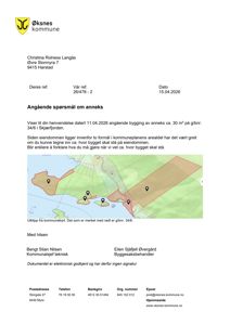 Et utklipp fra et kommunekart som viser eiendommen g/bnr. 34/6 i Skjærfjorden, merket med rødt og med pinner som indikerer mulige plasseringer for et annek.