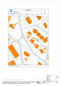 Situasjonskart som viser tomtens beliggenhet, nabolag, veier og eksisterende bygninger.