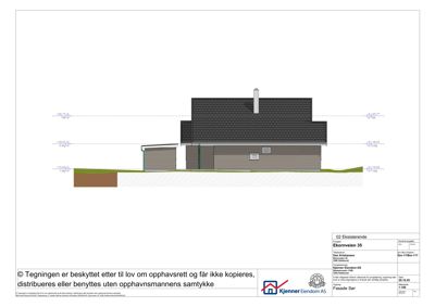 Fasadetegning (opprikk) av en eksisterende bygning sett fra sør, med høydemål og detaljer om tak og fasadebelegg.
