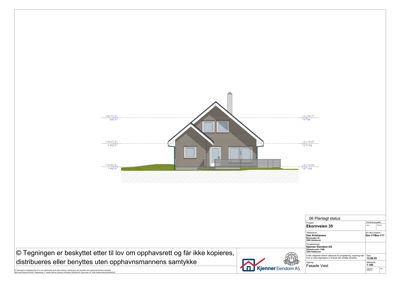 Fasadetegning (opprikk) av en villa sett fra vest, med høydemål og grunnplan.
