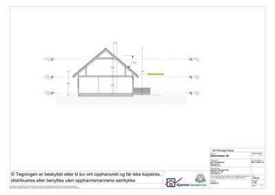 Snittegning (Snitt A) som viser bygningens tverrsnitt, høyder, takhøyde og grunnplan.