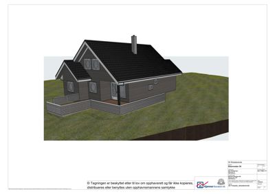 3D-visualisering av en husfasade med omgivende terreng og hekk.