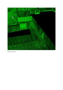 Et 3D-laserskanningsbilde (LiDAR) av en bygning sett fra luften, som viser terrengform og fasader.