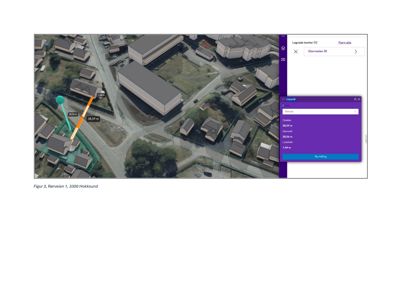 Bildet viser en situasjonsplan eller et digitalt kart over et nabolag i Hokksund. Det er en flyfoto-basert visning med overlagte 3D-modeller av bygninger, tomtegrenser og målinger. En dialogboks viser detaljer for en tomt (Elverveien 35).