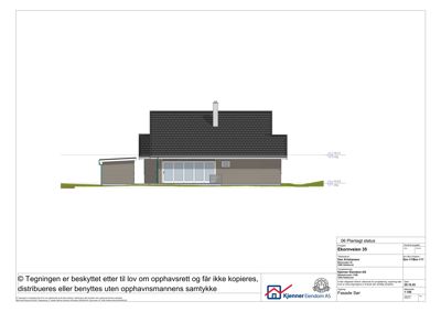 Fasadetegning som viser bygningens utseende sett fra siden (sør), inkludert takform, vinduer og fasadematerialer.