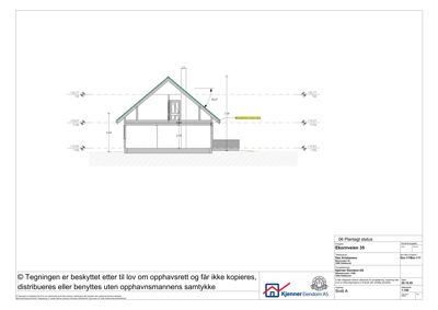 Snittegning (Snitt A) som viser bygningens tverrsnitt, høyder, takhøyde og trappetrinn.