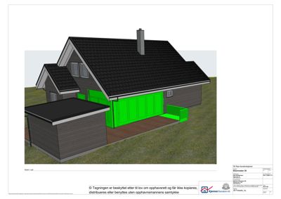 3D-visualisering (rendering) av en bygning sett fra siden, som viser fasade, tak og omgivelser.