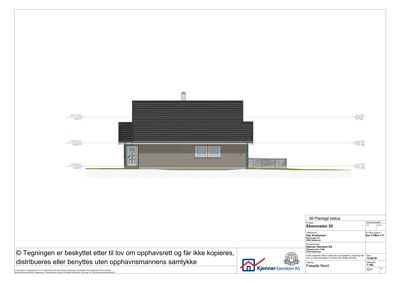 Fasadetegning (opprikk) av en bygning sett fra nord, med høydemål og detaljer om tak og fasadebelegg.