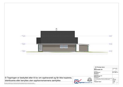 Fasadetegning (opprikk) av en bolig sett fra nord, med høydemålinger og detaljer om tak og fasadebekledning.