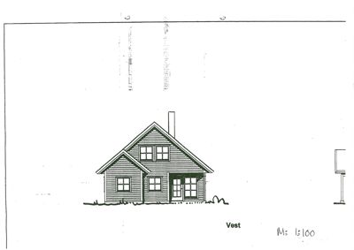 Fasadetegning (opprikk) av en bygning sett fra vest.