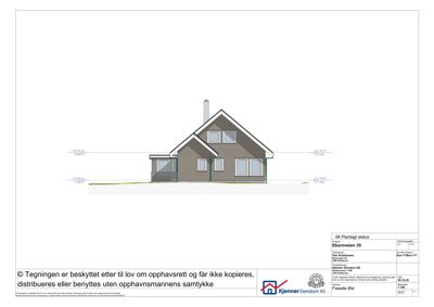 Fasadetegning (opprikk) av en bolig sett fra øst, med høydemål og grunnlinje.