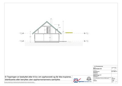 Snittegning (Snitt A) av en eksisterende bygning som viser konstruksjon, høyder og takform.