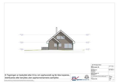 Fasadetegning (opprikk) av en bolig sett fra øst, med høydeangivelser og grunnlinje.