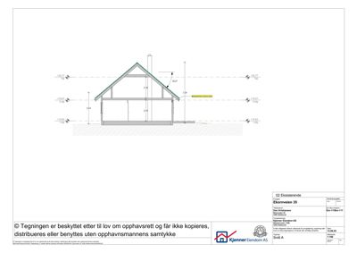 Snittegning (Snitt A) som viser bygningens tverrsnitt, høyder, takhøyde og konstruksjon.