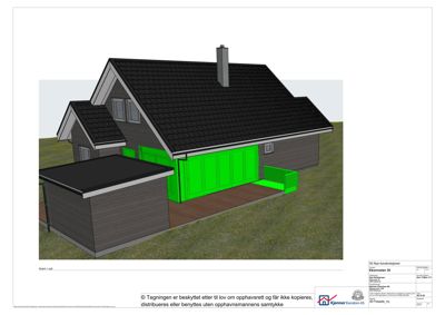 3D-visualisering av en husfasade med grønn markering av konstruksjonsdetaljer.