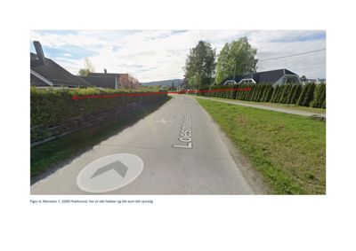 Fotografi av en vei (Rørveien 1, 3300 Hokksund) med hekker og litt som blir synlig