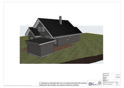 3D-visualisering (rendering) av en eksisterende bygning sett fra utsiden.