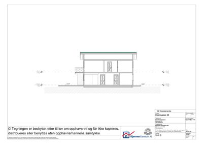 Snittegning (Snitt B) som viser bygningens tverrsnitt, høyder og konstruksjon.