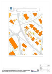 Situasjonskart som viser bygningenes plassering i forhold til veier, naboeiendommer og topografi.