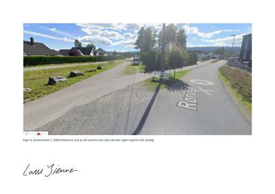 Fotografi av en vei og nabolag i Høksund, tatt fra Google Street View.