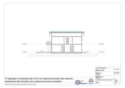 Snittegning (Snitt B) som viser bygningens tverrsnitt med høydemål og konstruksjonsdetaljer.
