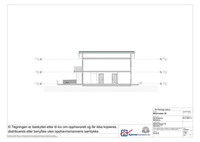 Snittegning (Snitt B) som viser bygningens tverrsnitt, høyder og konstruksjon.