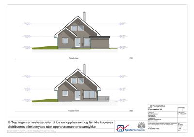 Fasadetegning som viser fronten (vest) av en bolig med mål og høyder.