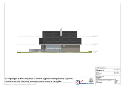Fasadetegning (opprikk) av en bolig sett fra siden, med angitte høyder og takform.