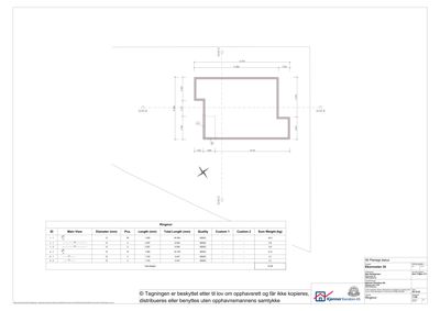 Tegning som viser detaljert oppsett av en ringarm (ringarmering) med dimensjoner og tabell over materialmengde.