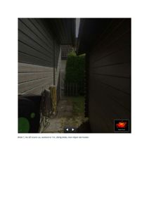 Fotografi fra en 3D-scanning av en smale gangvei mellom to bygninger med fasader og hageelementer.