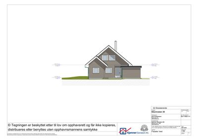 Fasadetegning som viser bygningens utseende fra vest, inkludert vinduer, takform, materialer og høydeoppriss.