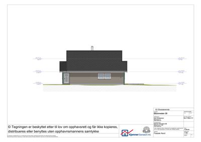 Fasadetegning (opprikk) av en eksisterende bygning sett fra nord, med høydeangivelser og tegningsinformasjon.