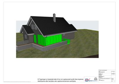 3D-visualisering av en hytte med grønn markering av en tilbygg eller garasje.