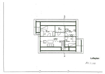 En tegning som viser romfordeling og arealer for et loftsetasje (loftsplan).