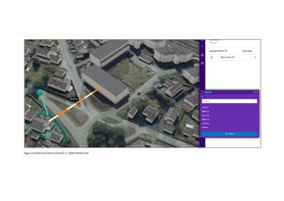 Et digitalt kart med 3D-modellering av bygninger og tomter, som viser en målt avstand mellom to punkter.