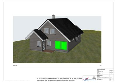 3D-visualisering (rendering) av en husfasade med grønt lys i vinduene, inkludert tegningens overskrift og detaljeringsfelt.