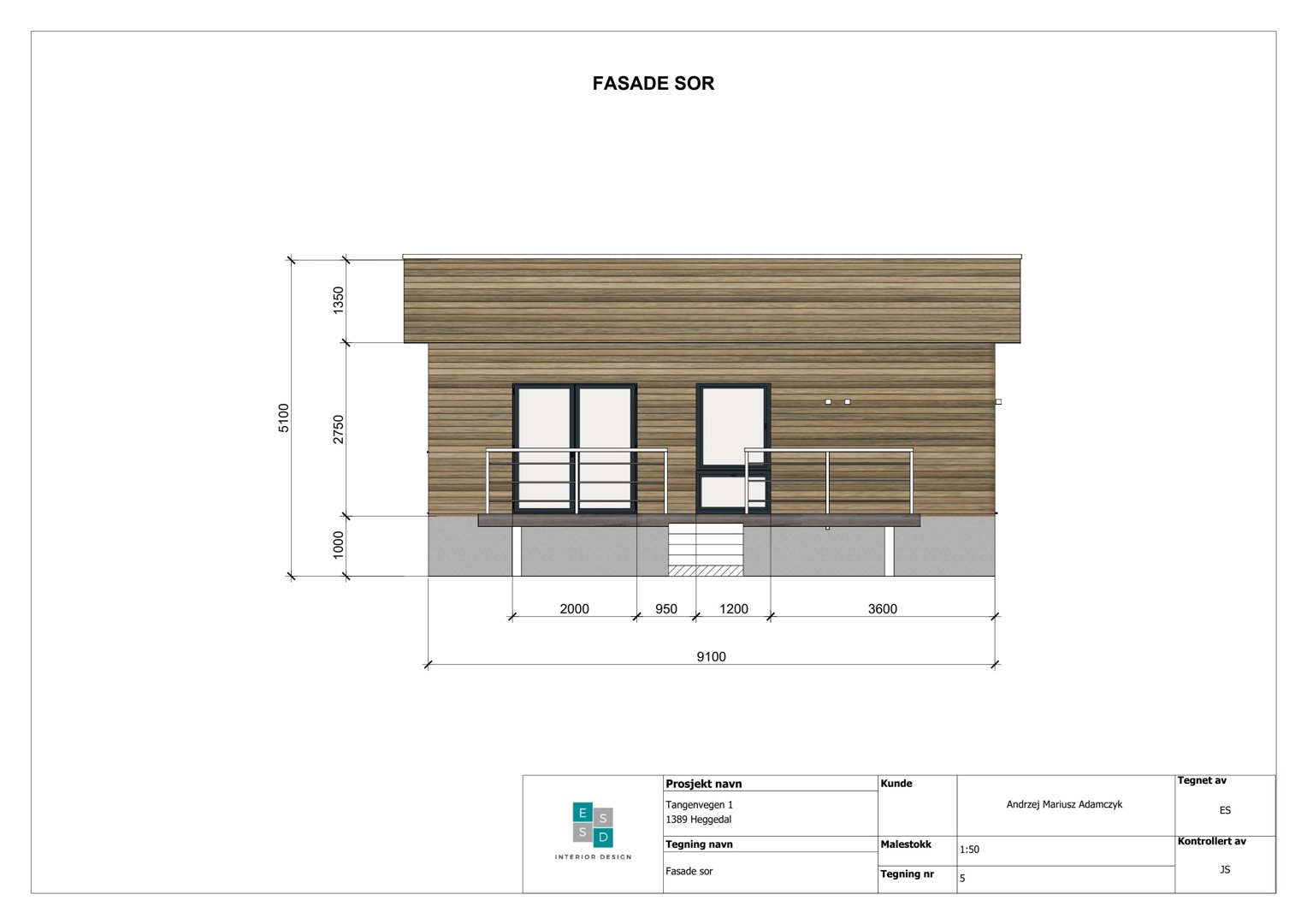 Fasadetegning av en bygning sett fra sør, med mål og detaljer.