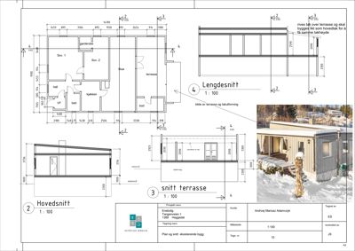 Bildet viser en tegning med hovedsnitt og terrasssnitt av en bygning, inkludert mål og notasjoner om takhøyde.