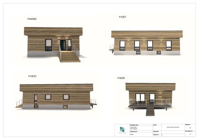 Fasadetegning som viser bygningens utsyn fra fire sider: Nord, Øst, Vest og Sør.