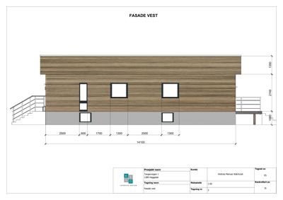 Fasadetegning (oppriss) av bygning sett fra vest, med mål og materialbeskrivelse.