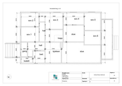 Etasjeplan (Hovedsnitt) som viser romfordeling, dimensjoner og plassering av trapp i en bolig.