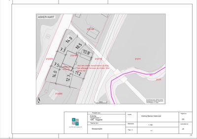 Situasjonsplan (ASKER-KART) som viser tomtens grenser, nabotomter og bygningens plassering med målestokk 1:100.