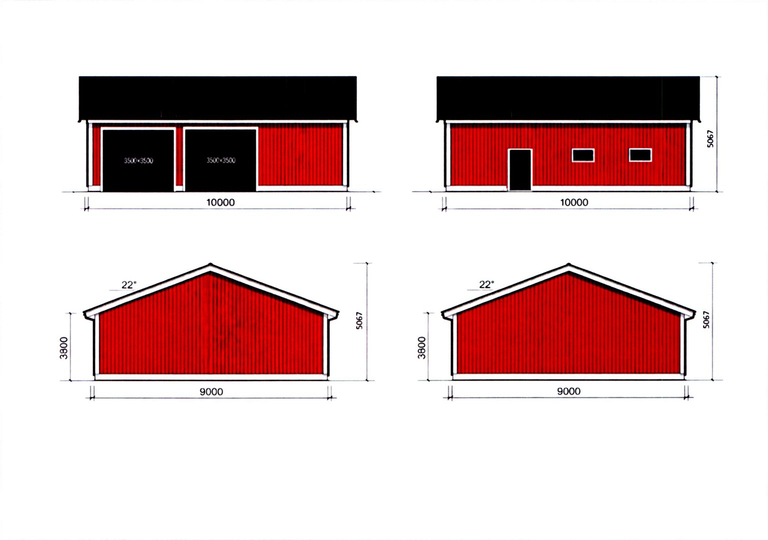 Fasadetegning som viser front- og sideopprikk av en bygning med mål og detaljer.